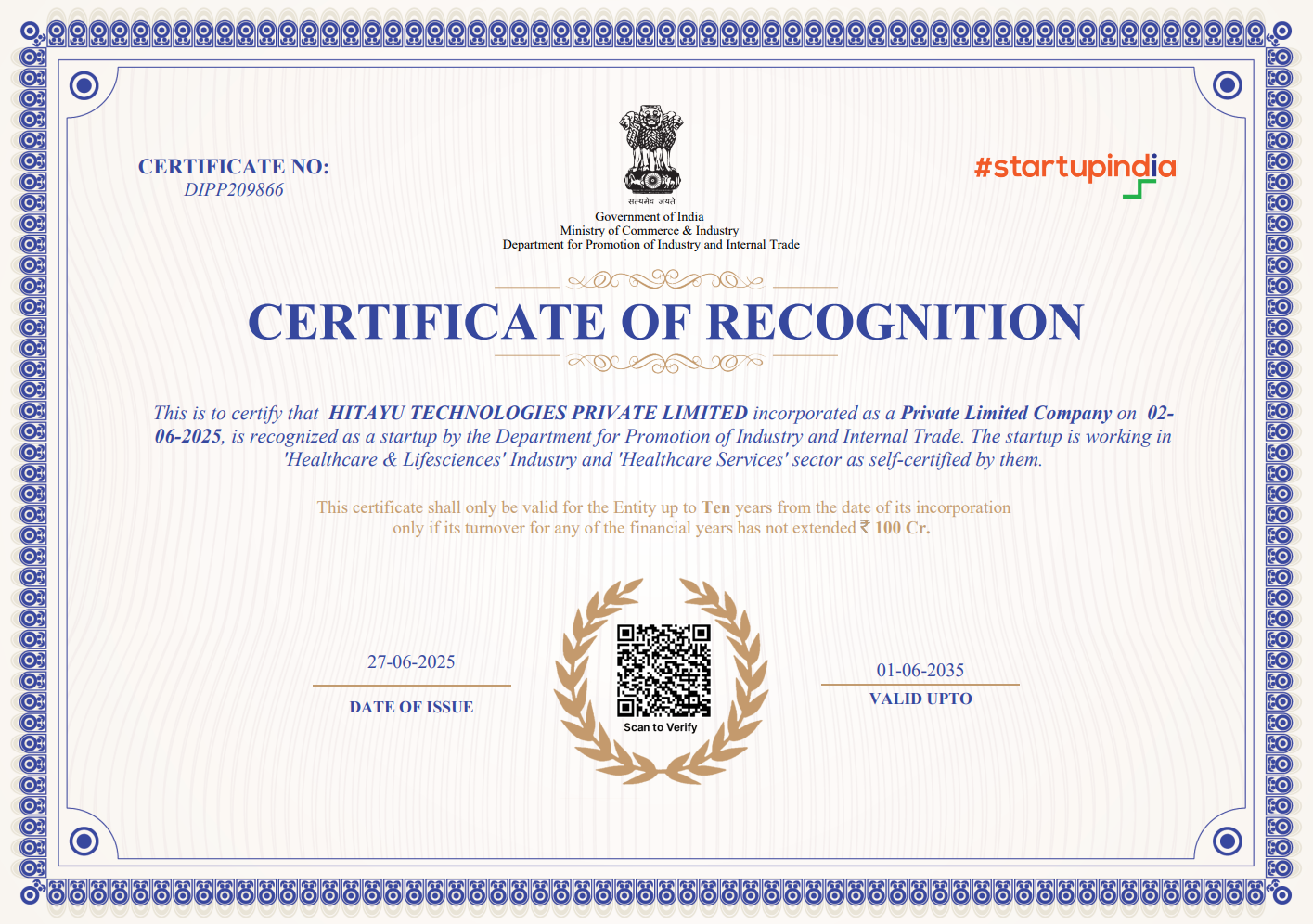 DPIIT Startup India Certificate
